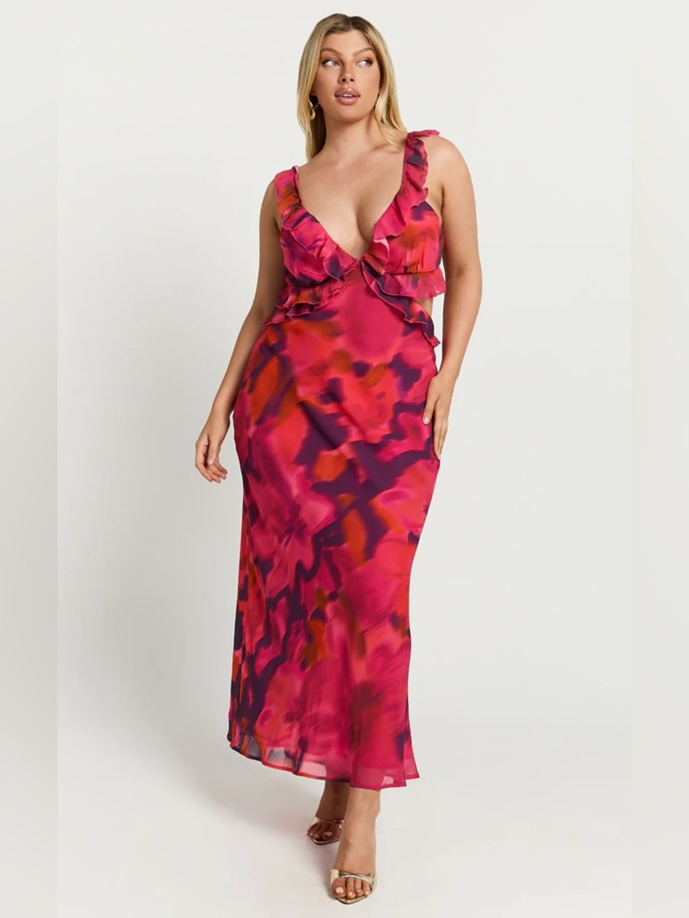 Showpo Alyssa NWT Maxi Dress Red and Pink Tie-Back V-Neck size 16